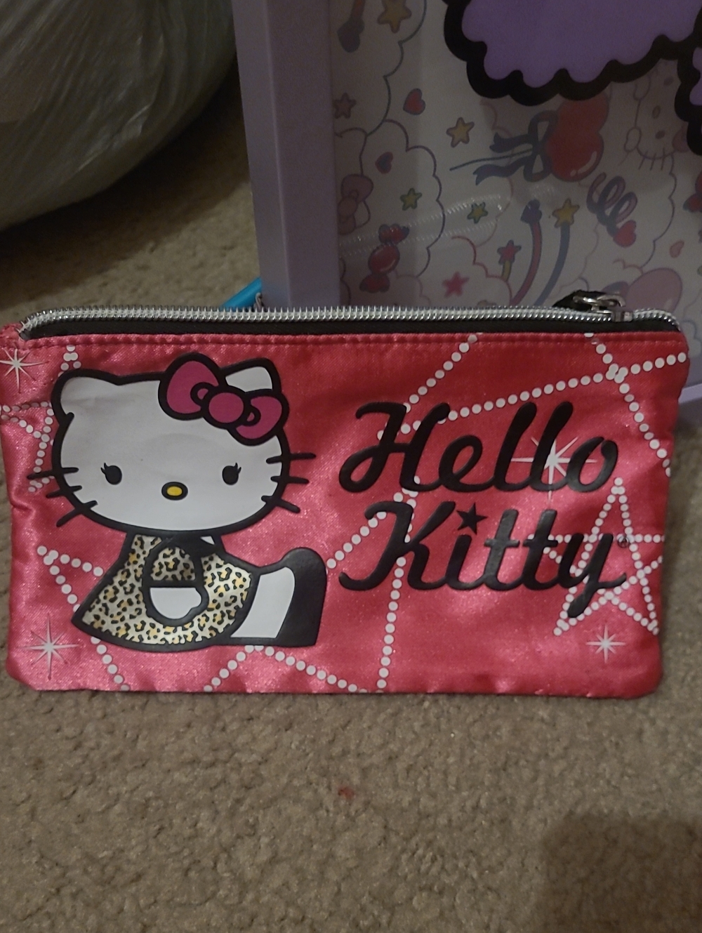 Hello Kitty Hot Pink Satin Cosmetic Pouch with Leopard Accent